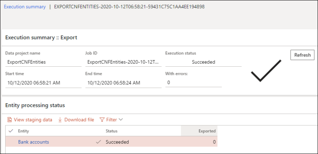 Execution summary page for entity export 